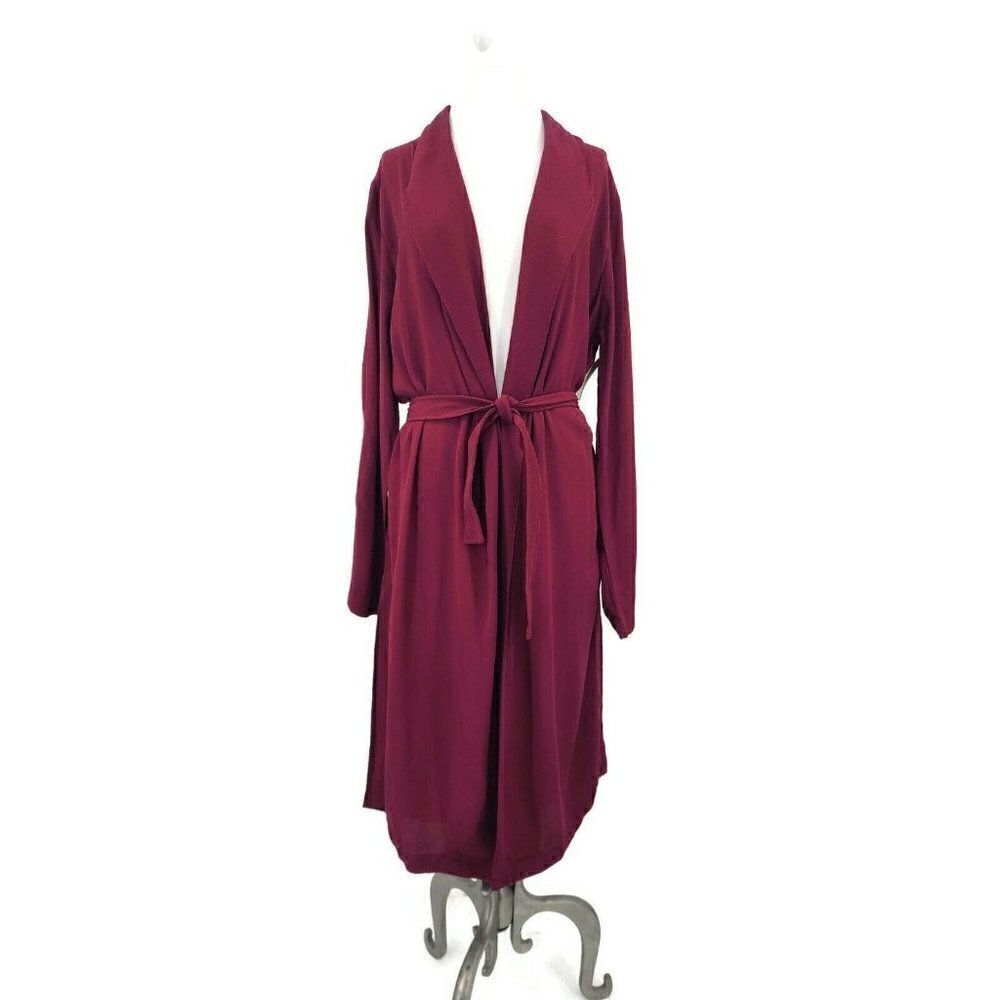 New Flynn Skye Paulina Duster Womens Small Burgundy Wine Tie Belt Pockets